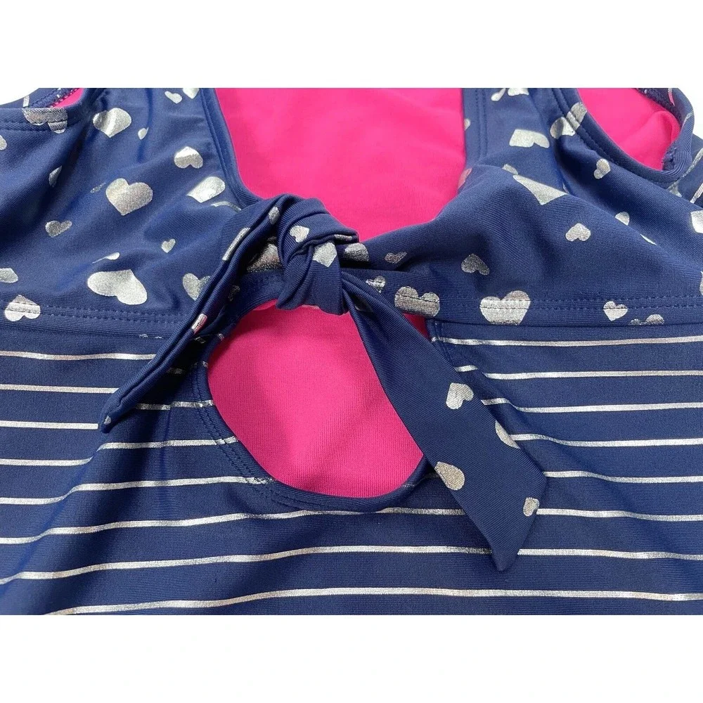 Justice Girl Size 12 Blue Pink Silver Flip Sequin Heart Swim Top Tankini Keyhole